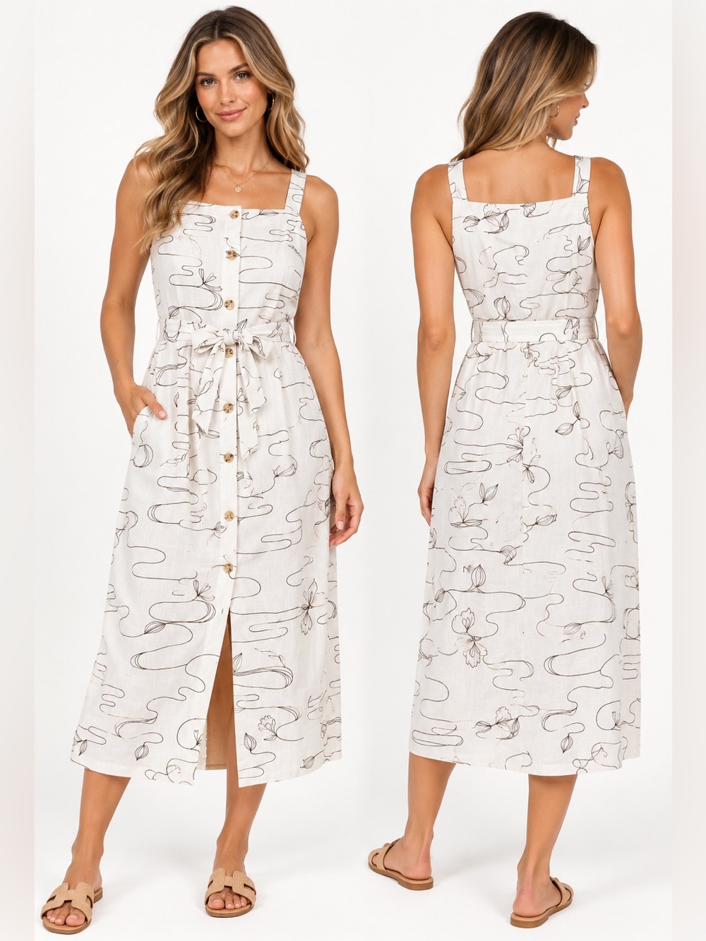 Scotch & Soda Wavy Floral Linen Blend Midi Dress Size L $198
